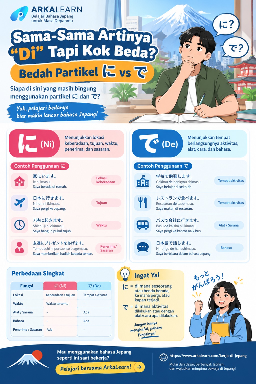 Sama-Sama Berarti “Di”, Apa Bedanya Partikel に (Ni) dan で (De) dalam Bahasa Jepang?